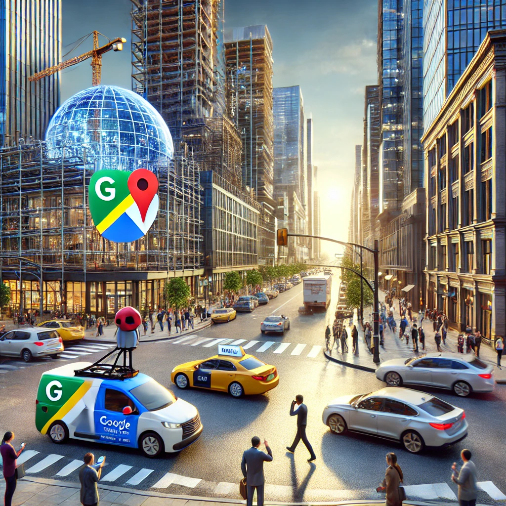 skyscrapers, busy streets, a Google Street View car, and people interacting with their smartphones, symbolizing the frequent updates to Google Maps.